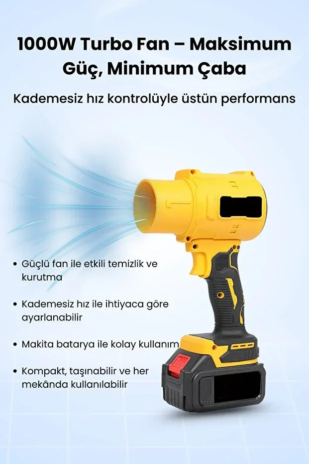 21V Kablosuz Hava Üfleyici | 32.000RPM Turbo Fan, 12.000mAh Batarya, Bahçe & Araç Kurutma / Sarı (5538) 1