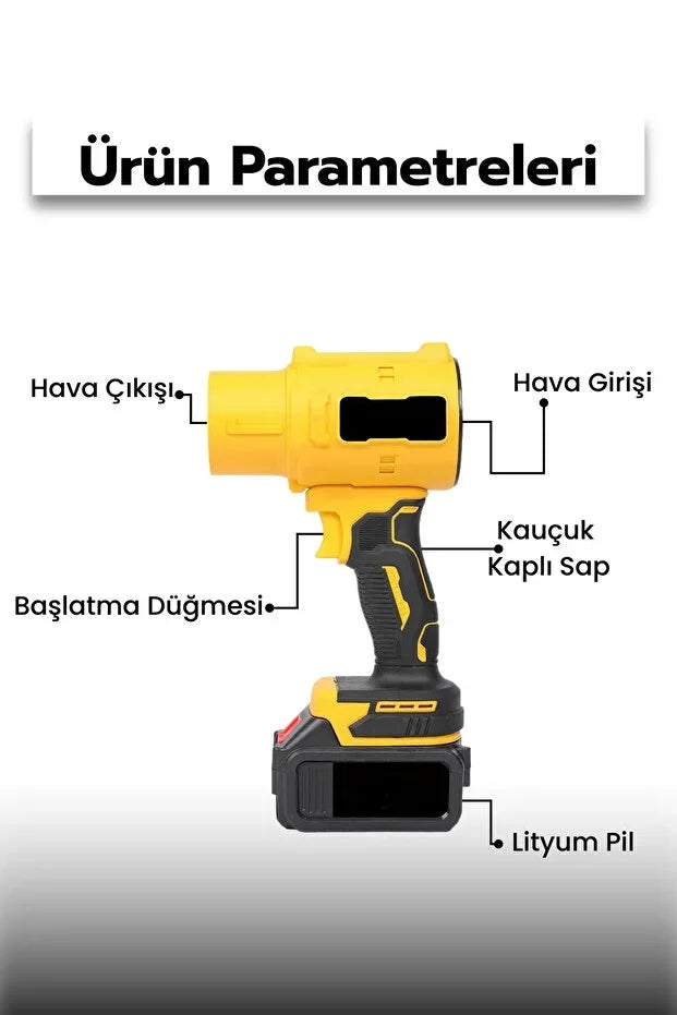21V Kablosuz Hava Üfleyici | 32.000RPM Turbo Fan, 12.000mAh Batarya, Bahçe & Araç Kurutma / Sarı (5538) 2