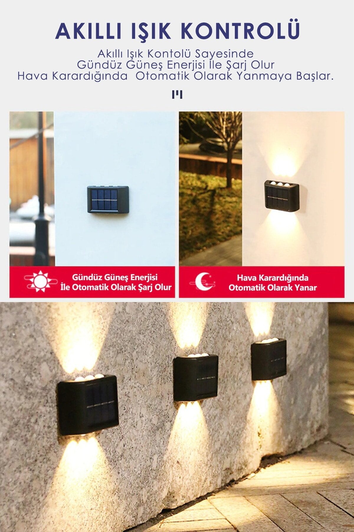 2'li Set Solar Duvar Lambası - 6 Ledli Aplik - Gün Işığı Rengi - IP65 Su Geçirmez 2