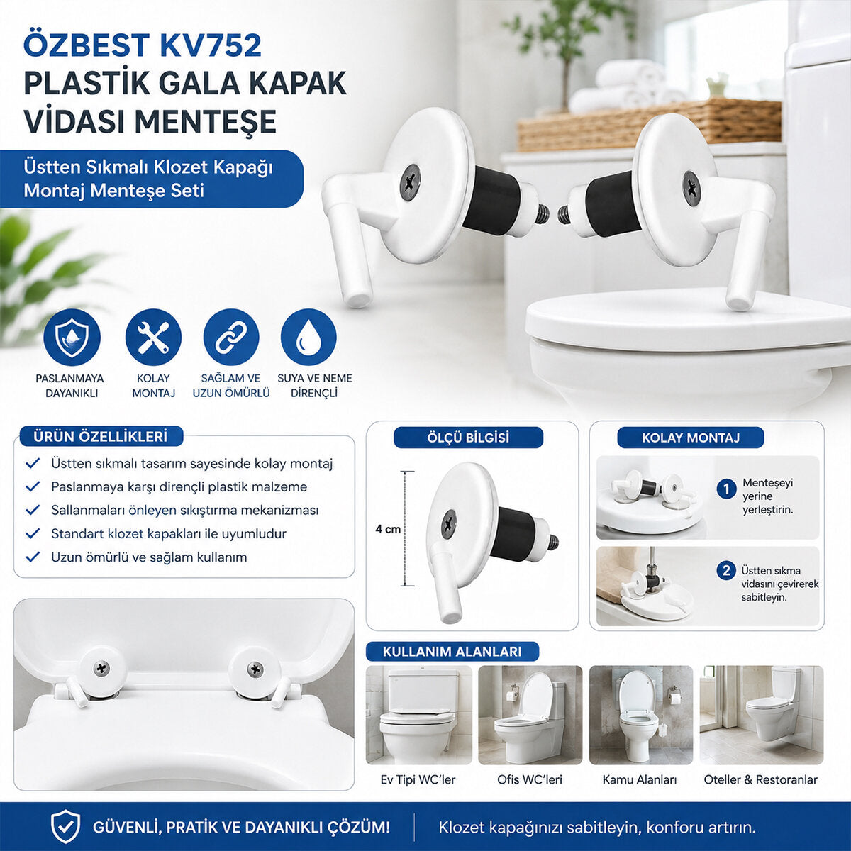 2PCS ÜSTTEN SIKMALI PLASTİK KLOZET KAPAK MENTEŞESİ VİDASI (5538) 2