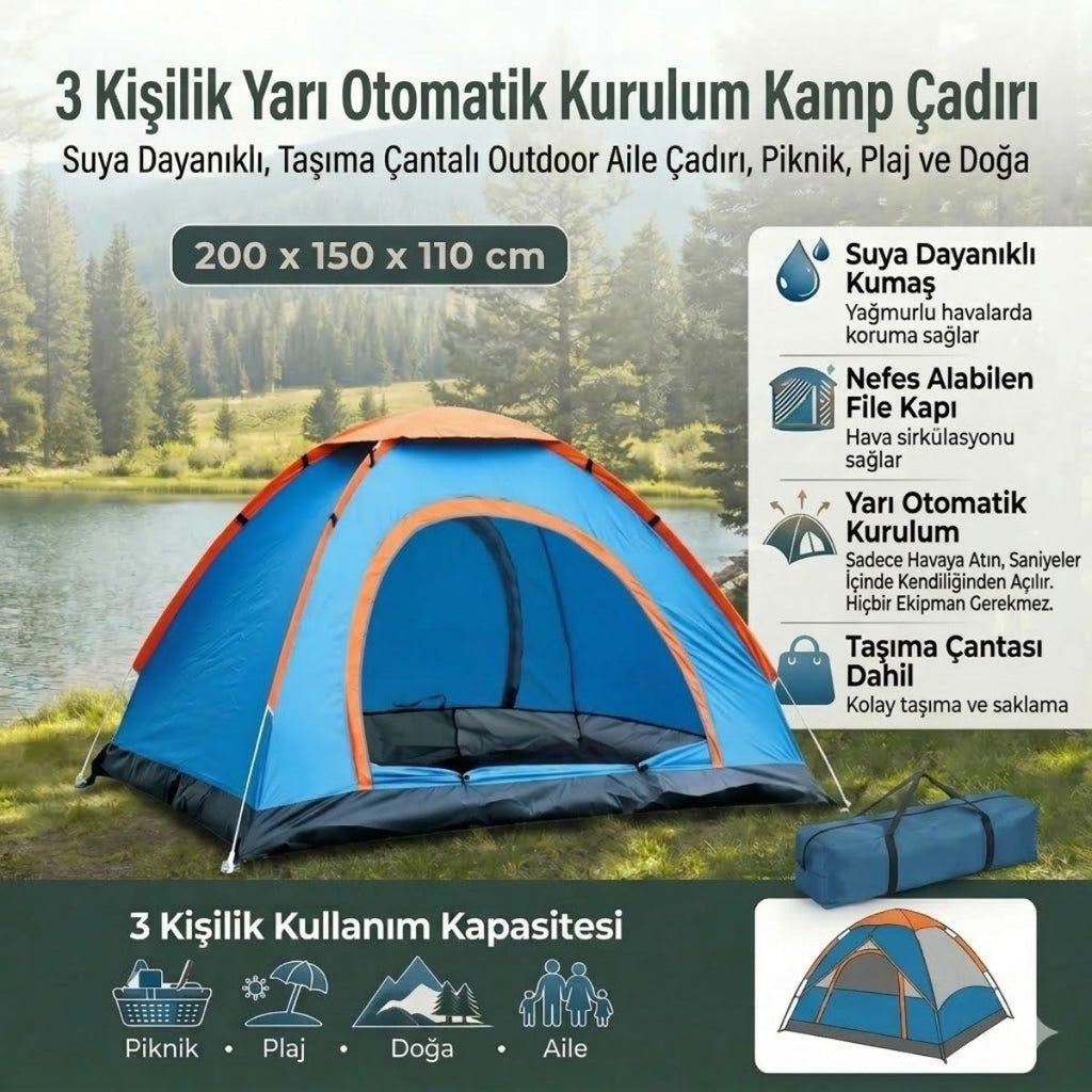 3 Kişilik Yarı Otomatik Kurulum Kamp Çadırı – Suya Dayanıklı, Taşıma Çantalı Outdoor Aile Çadırı, Piknik, Plaj ve Doğa 200x150x110 cm (5538) 3