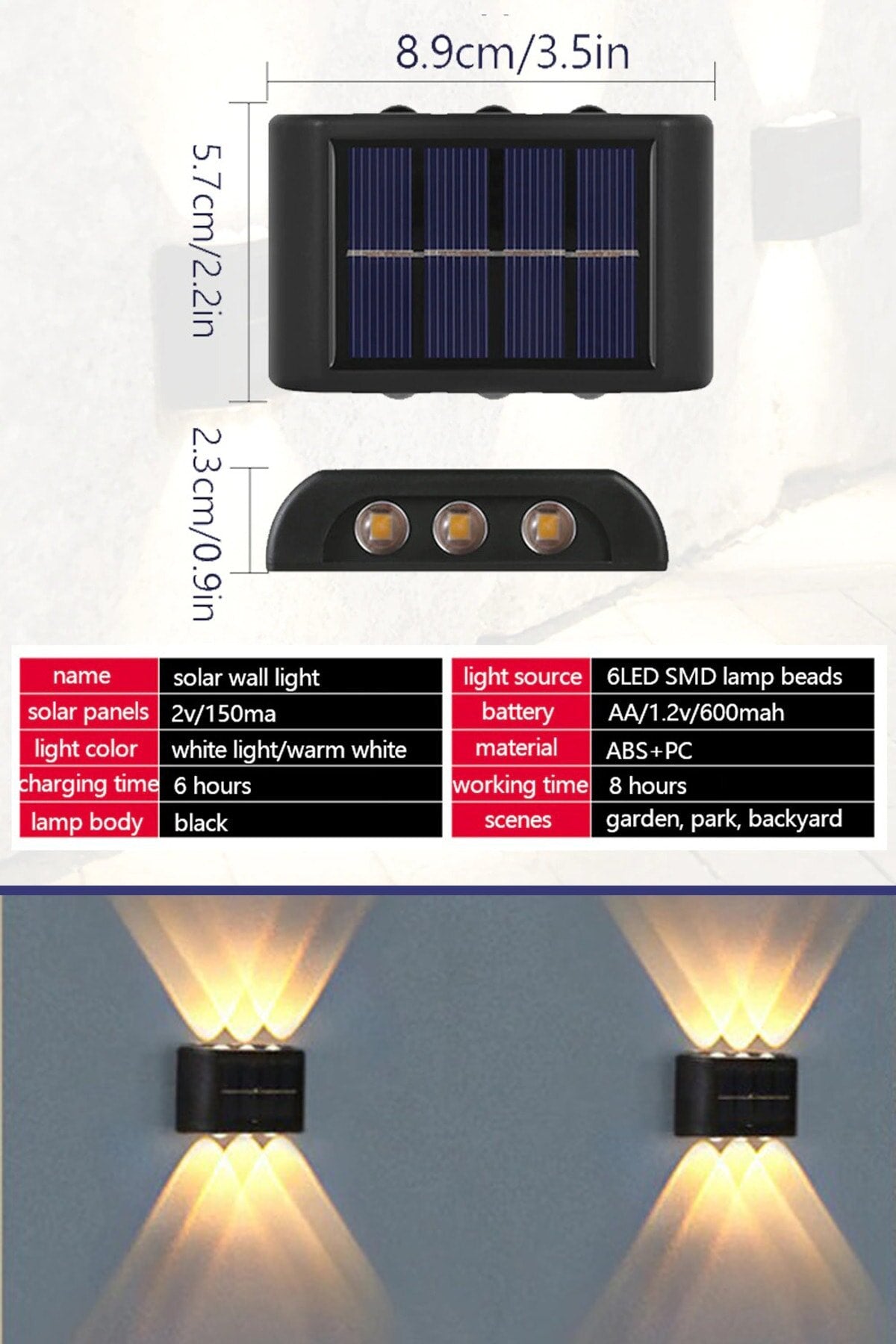 2'li Set Solar Duvar Lambası - 6 Ledli Aplik - Gün Işığı Rengi - IP65 Su Geçirmez 3