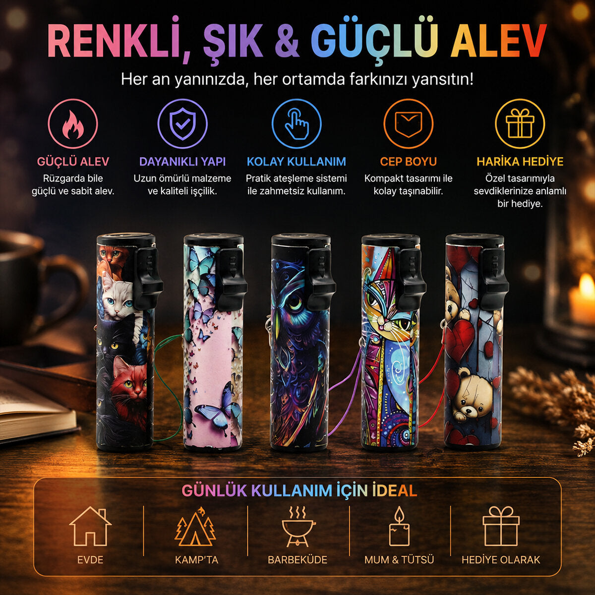 LED Işıklı Rüzgar Çakmağı - Karışık Desenli - İpli 2