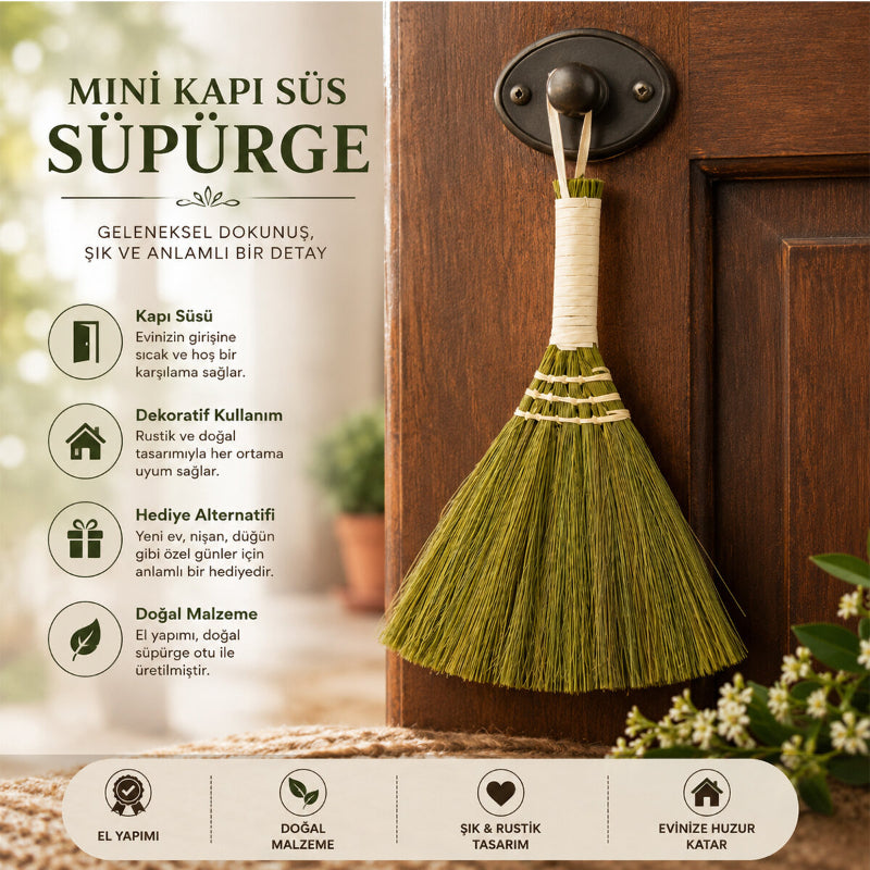 Mini Süpürge Tasarımlı Kapı Süsü - Hasır Saplı - El Yapımı Rustik Dekor 2