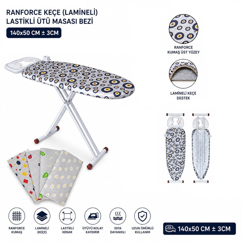 Ranforce Keçe Ütü Masası Bezi - Lastikli - Lamineli - 140x50 cm 1