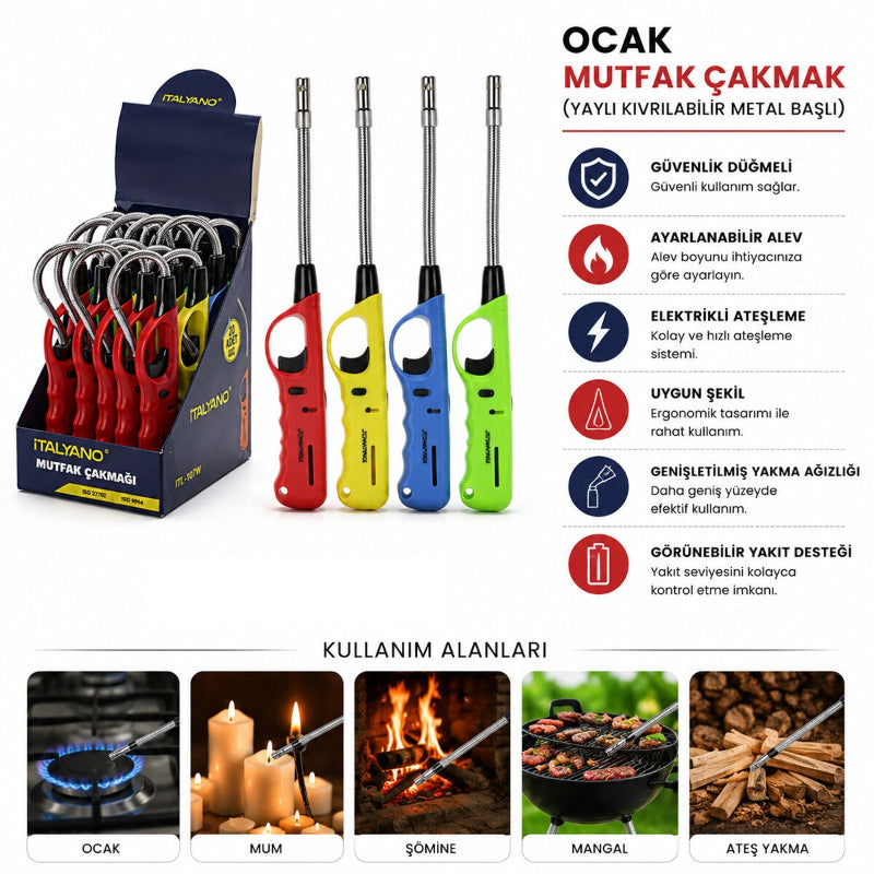 Yaylı Ocak Mutfak Çakmağı - Kıvrılabilir Metal Başlı - Karışık Renkler - 1 Adet 1