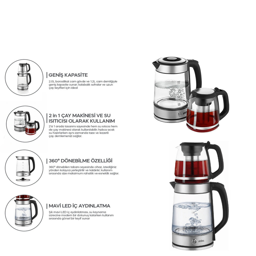 Sinbo 2'si 1 Arada Çaycı - Kettle - 2.0L + 1.2L Kapasite - Cam Gövde 1