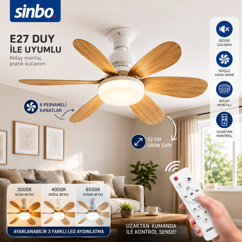 Tavan Vantilatörü ve LED Avize - Uzaktan Kumandalı - 6 Kanatlı - 52 cm 2