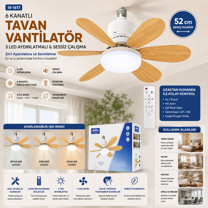 Tavan Vantilatörü ve LED Avize - Uzaktan Kumandalı - 6 Kanatlı - 52 cm 3