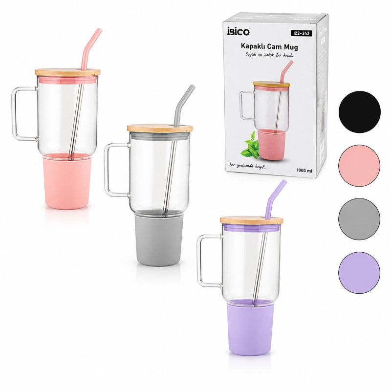 1000 ml Cam Matara Kupa Bardak - Bambu Kapaklı - Silikon Kılıflı - Çelik Pipetli 3