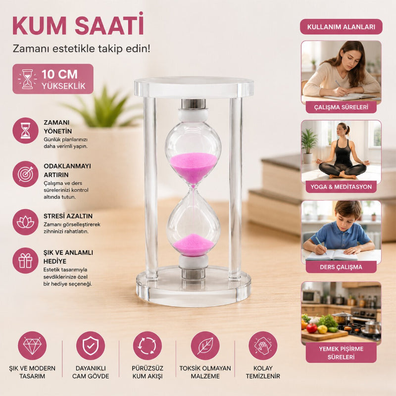 Küçük Boy Cam Standlı Kum Saati - 10 cm Yükseklik - Dekoratif Süs Eşyası 2