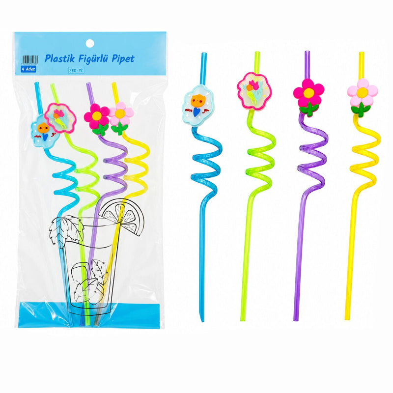 Kıvrımlı Renkli Plastik Pipet - Figürlü Tasarım - 4'lü Paket 1