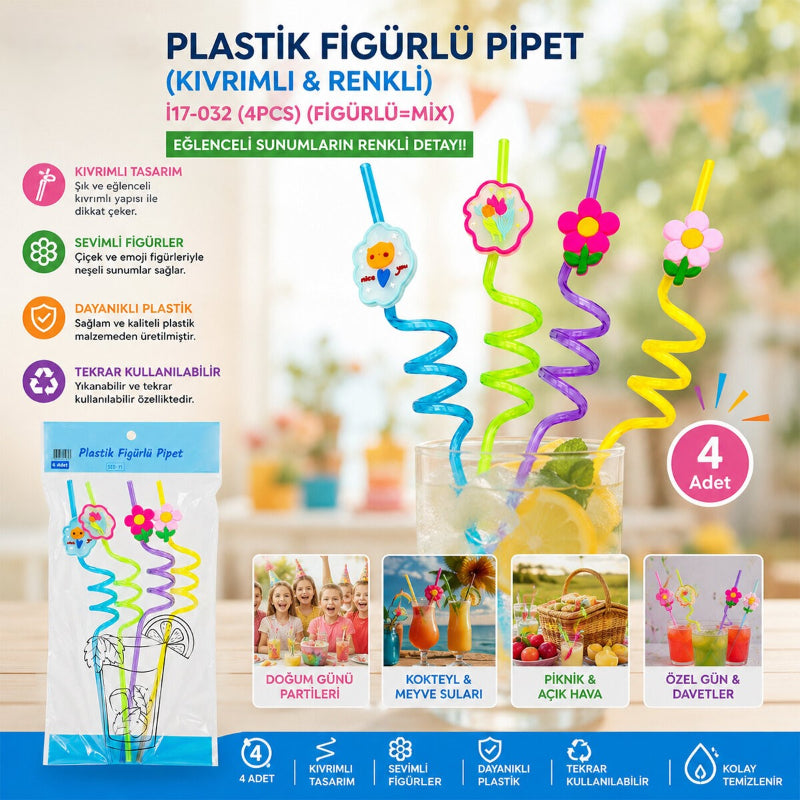 Kıvrımlı Renkli Plastik Pipet - Figürlü Tasarım - 4'lü Paket 2