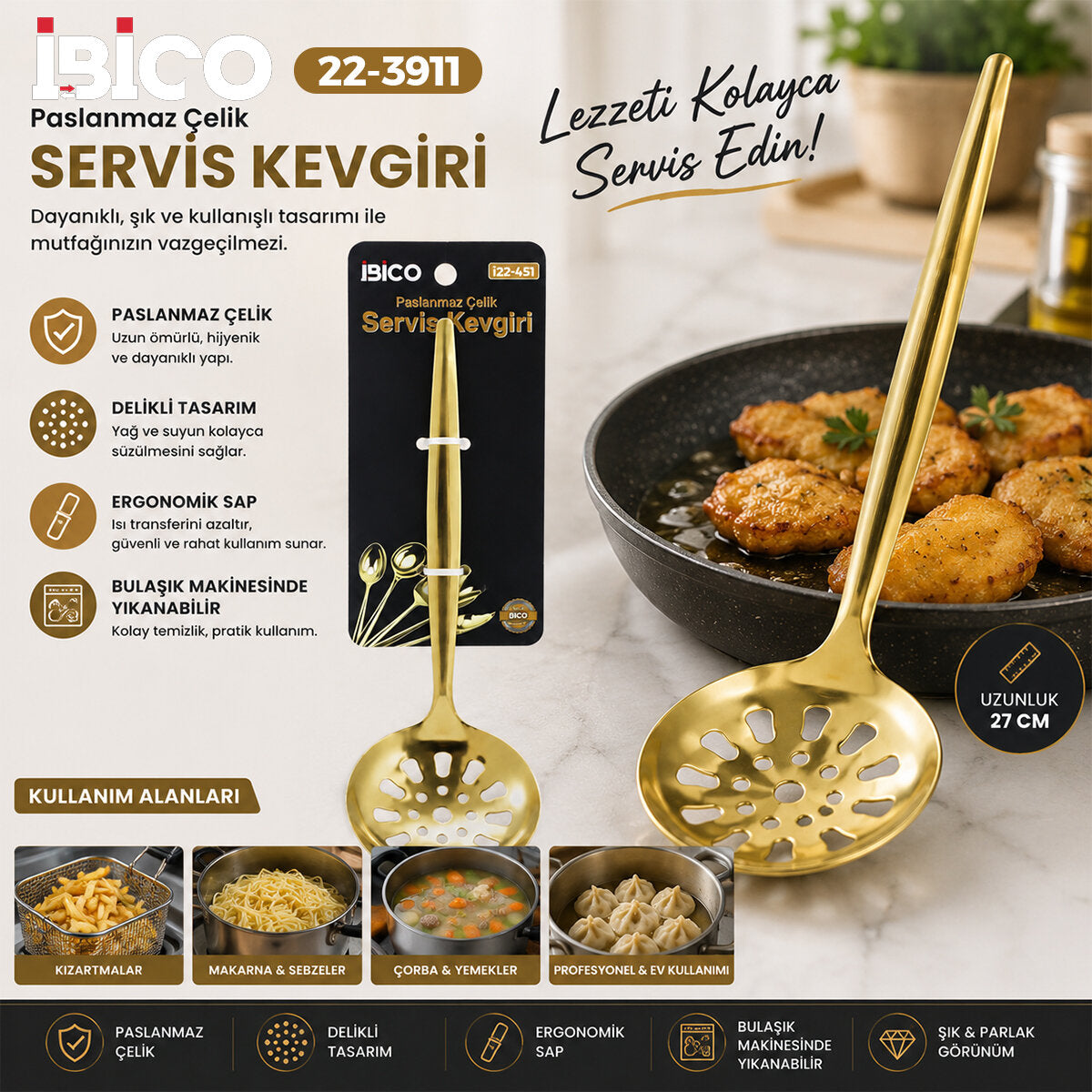 Metal Servis Kevgiri - 27 cm - Gold Renk 2
