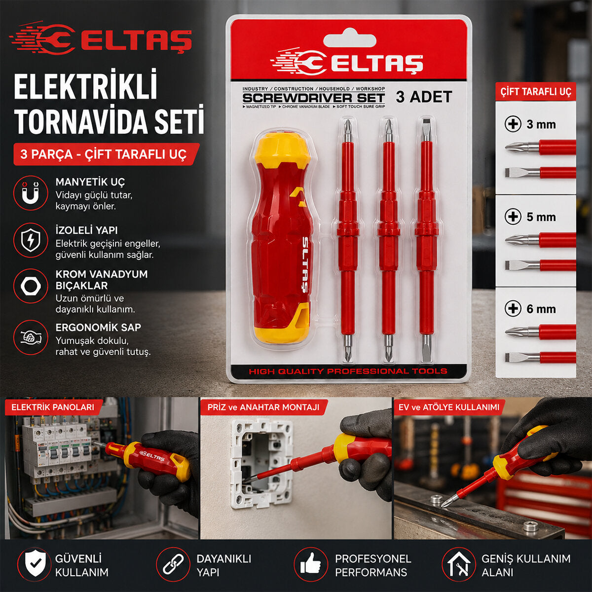 3PCS - ÇİFT TARAFLI UÇ 3MM-5MM-6MM ERGONOMİK SAP ELEKTRİKLİ TORNAVİDA SETİ LRD-144 (5538) 2