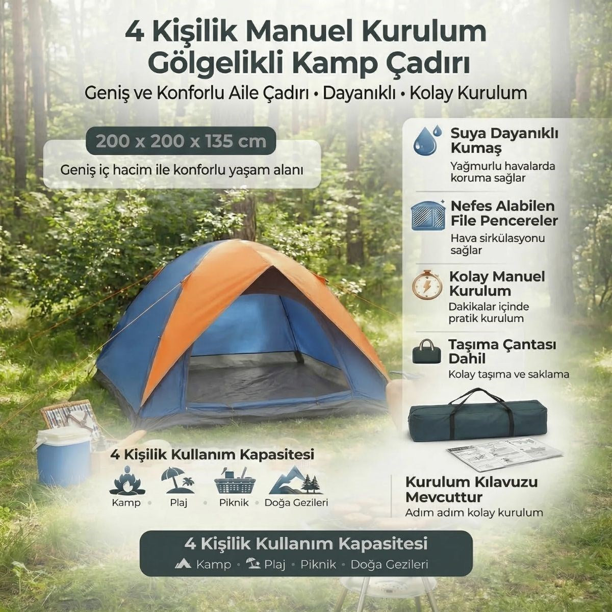 4 Kişilik Manuel Kurulum Gölgelikli Kamp Çadırı – Aile, Doğa, Piknik ve Outdoor 200x200x135 cm (5538) 3