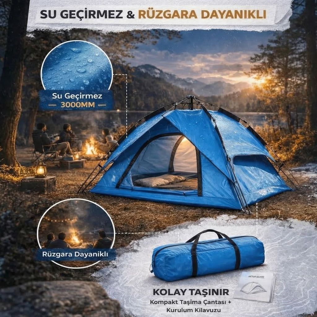 4 Kişilik Otomatik Kamp Çadırı – Çift Katmanlı, Suya Dayanıklı, Hızlı Kurulum Outdoor Aile ve Doğa Çadırı 200x200x140 cm (5538) 3