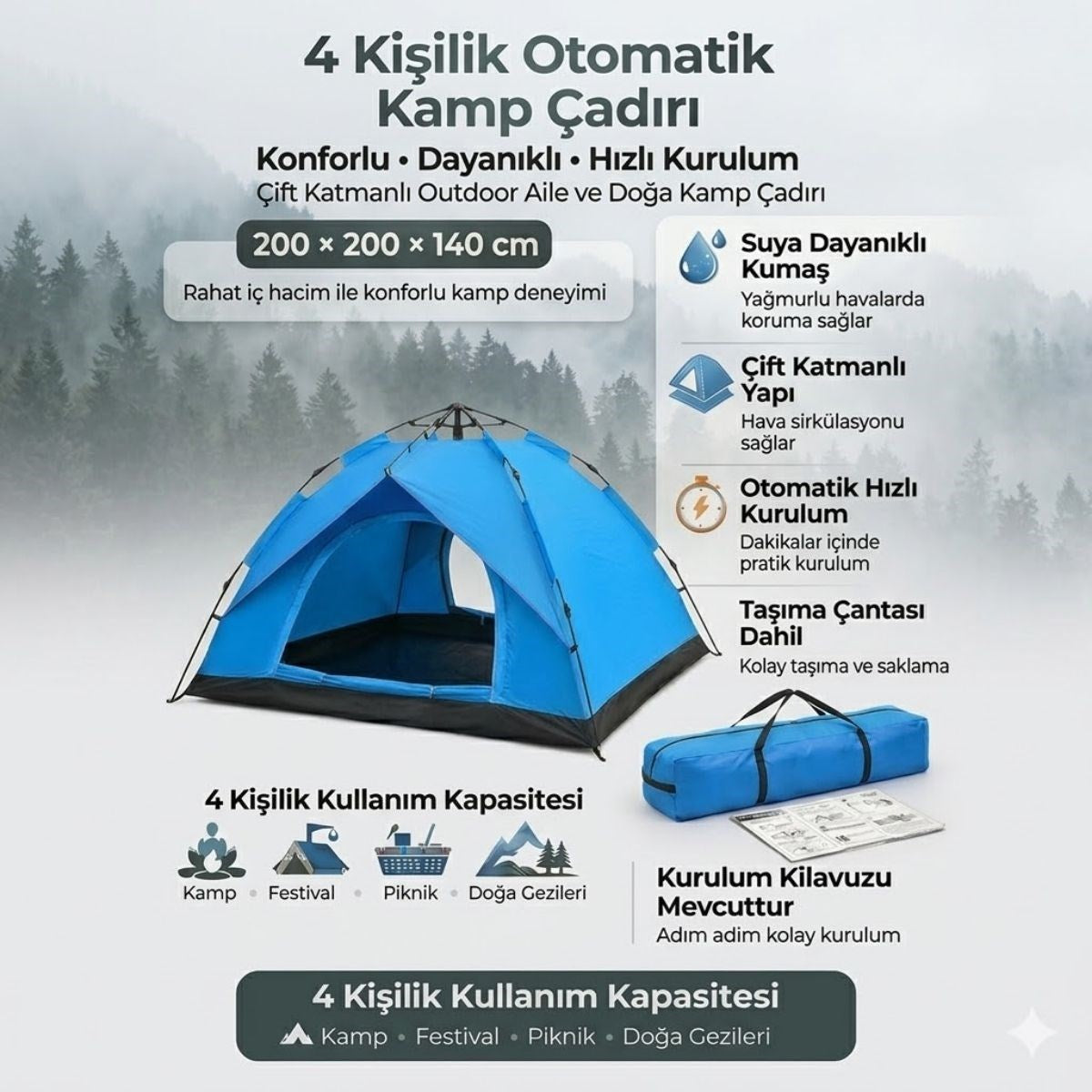4 Kişilik Otomatik Kamp Çadırı – Çift Katmanlı, Suya Dayanıklı, Hızlı Kurulum Outdoor Aile ve Doğa Çadırı 200x200x140 cm (5538) 4