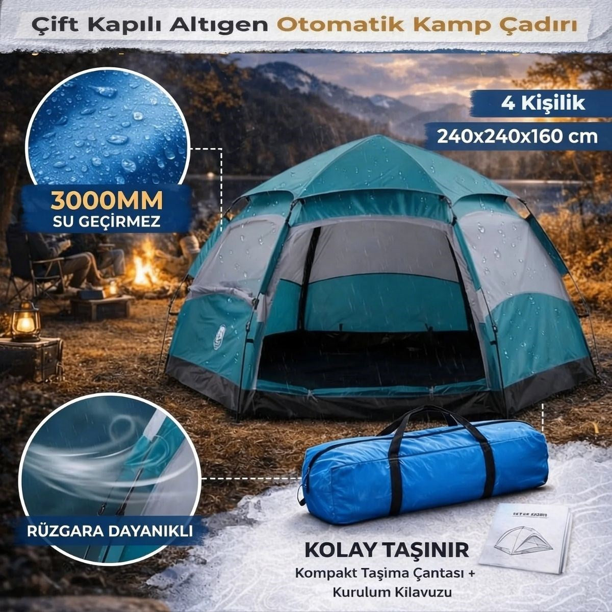 4 Kişilik Otomatik Kamp Çadırı – Altıgen Tasarım, Çift Kapılı, Suya Dayanıklı, Hızlı Kurulumlu Geniş Aile Outdoor Çadırı 240x240x160 cm (5538) 2