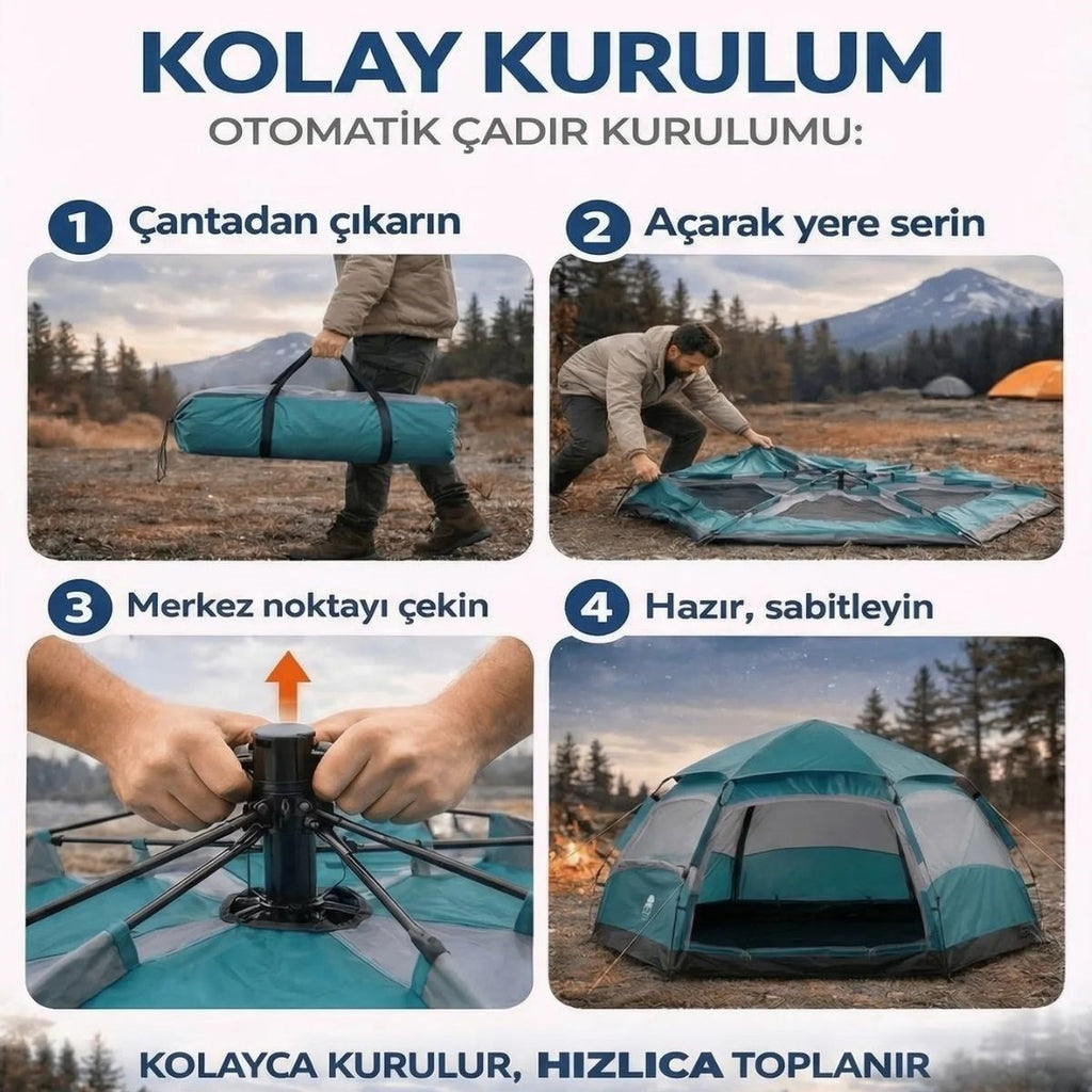 4 Kişilik Otomatik Kamp Çadırı – Altıgen Tasarım, Çift Kapılı, Suya Dayanıklı, Hızlı Kurulumlu Geniş Aile Outdoor Çadırı 240x240x160 cm (5538) 4