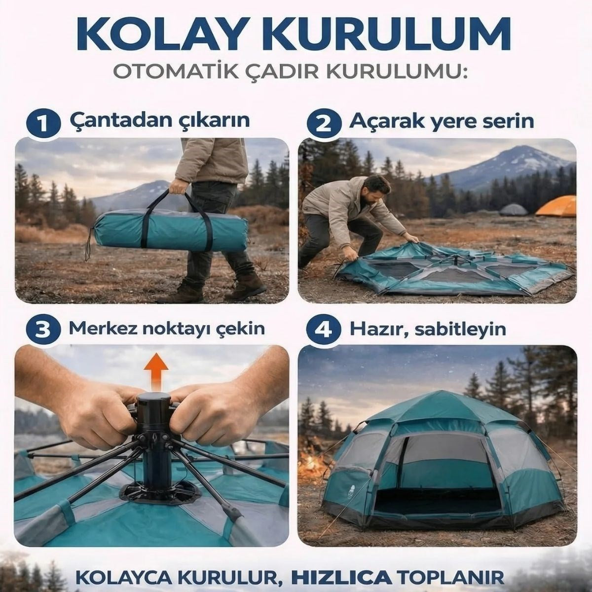 4 Kişilik Otomatik Kamp Çadırı – Altıgen Tasarım, Çift Kapılı, Suya Dayanıklı, Hızlı Kurulumlu Geniş Aile Outdoor Çadırı 240x240x160 cm (5538) 4