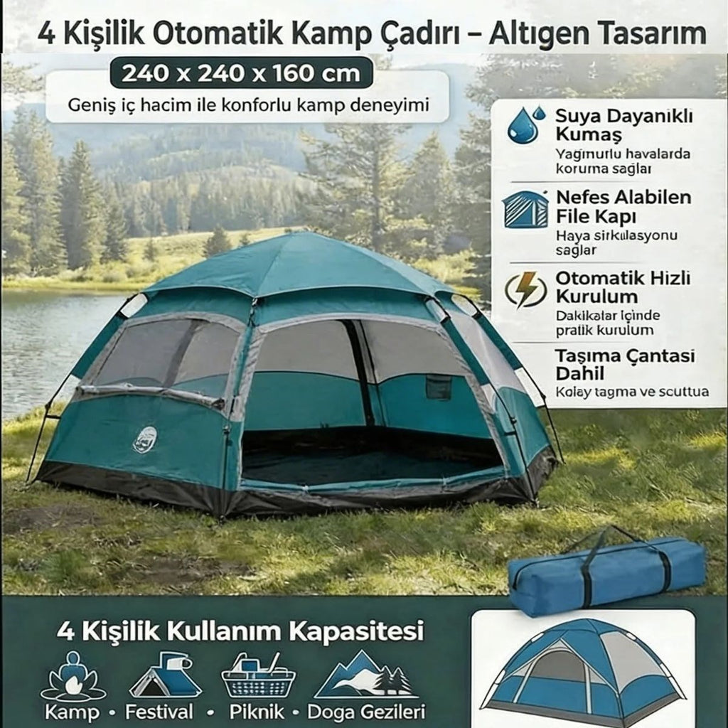 4 Kişilik Otomatik Kamp Çadırı – Altıgen Tasarım, Çift Kapılı, Suya Dayanıklı, Hızlı Kurulumlu Geniş Aile Outdoor Çadırı 240x240x160 cm (5538) 5