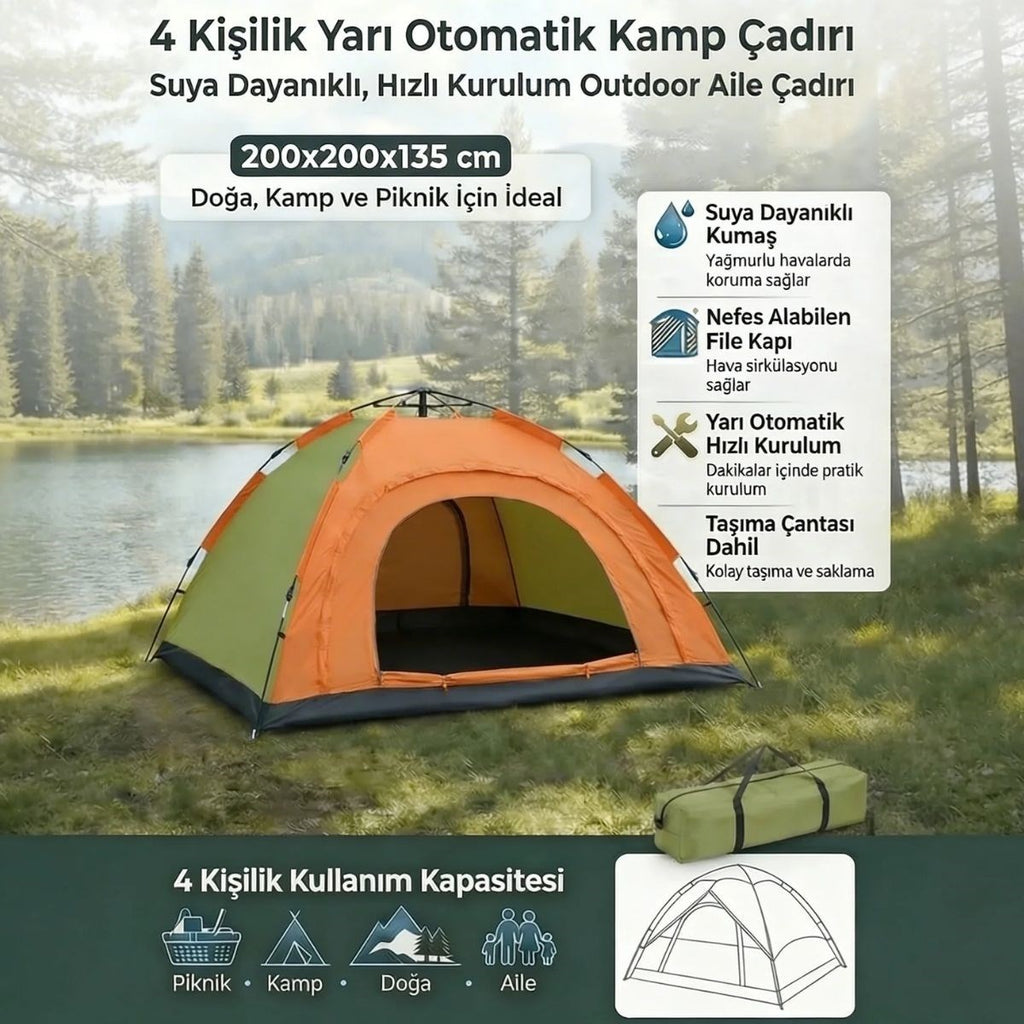 4 Kişilik Yarı Otomatik Kamp Çadırı – Suya Dayanıklı, Hızlı Kurulumlu Outdoor Aile Çadırı, Doğa, Kamp ve Piknik 200x200x135 cm (5538) 2