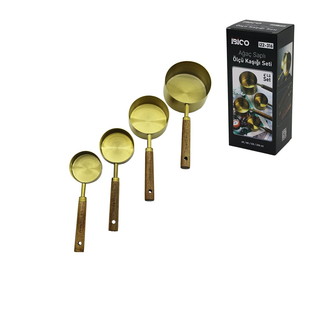 4 PCS GOLD METAL ÖLÇÜ KAŞIK SETİ OTANTİK AĞAÇ KULP 250ML - 125ML - 80ML - 60ML (5538) 1
