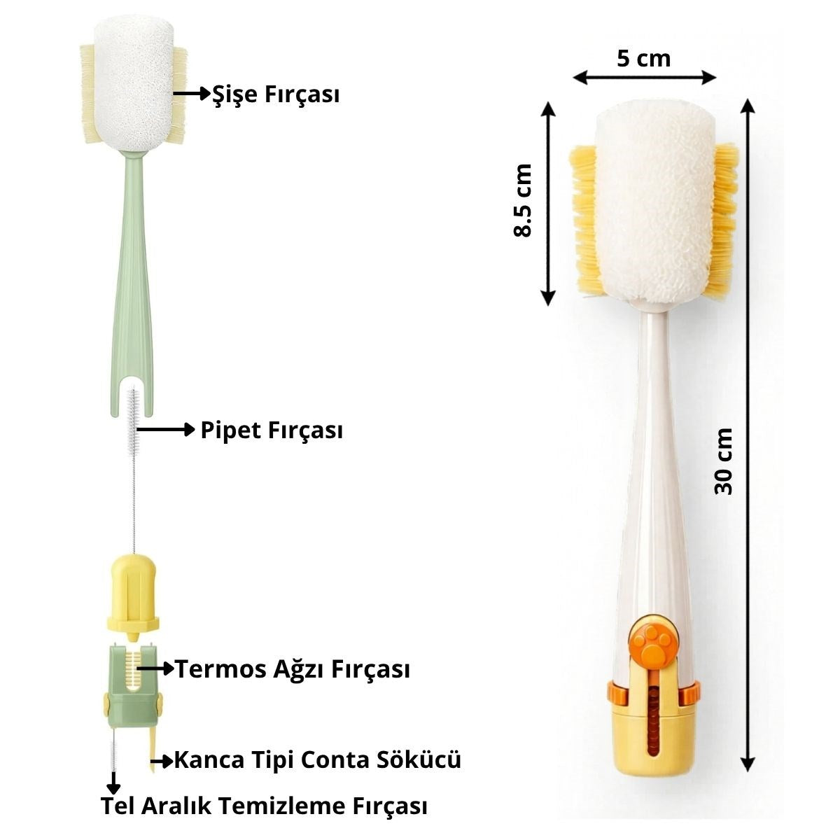 5’i 1 Arada Çok Amaçlı Şişe Temizleme Fırçası – Sürahi, Kavanoz, Pipet, Kapak, Emzik ve Biberon Temizlik Seti (5538) 5
