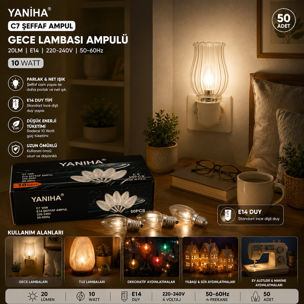 50 ADET ŞEFFAF GECE LAMBASI AMPUL E14 - 10W C7 (5538) 2