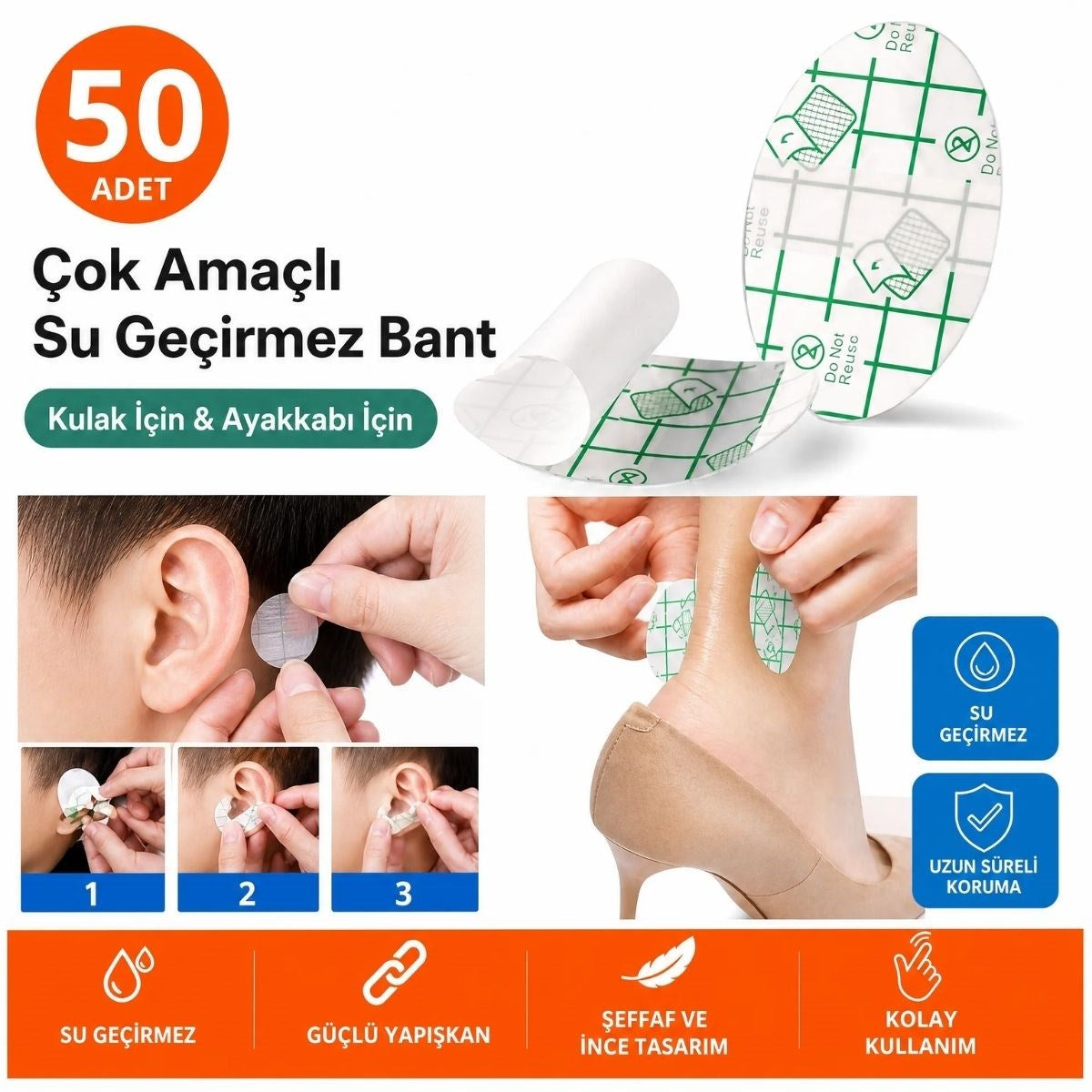 50 Adet Su Geçirmez Kulak Bandı ve Ayakkabı Vurma Önleyici Bant Seti, Çok Amaçlı Koruyucu Yapışkan Bant (5538) 1