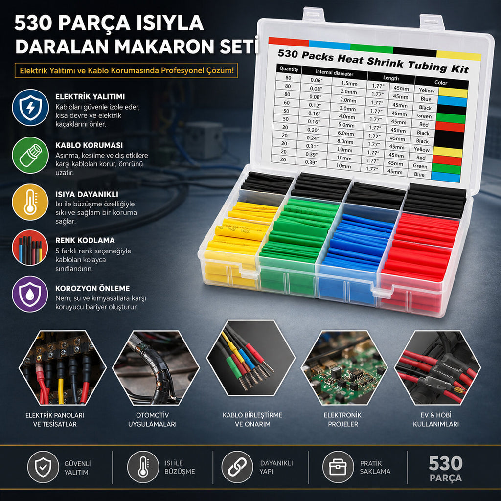 530PCS MAKARON KABLO TAMİR SETİ ISIYLA BÜZÜŞMELİ DARALAN HORTUM (5538) 2