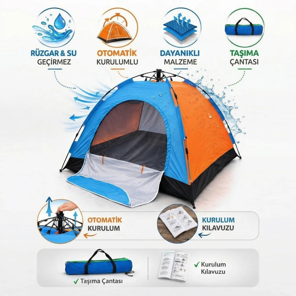 6 Kişilik Otomatik Kurulum Kamp Çadırı – Outdoor Aile, Doğa, Suya Dayanıklı Hızlı Kurulum Çadır 220x250x160 cm (5538) 3