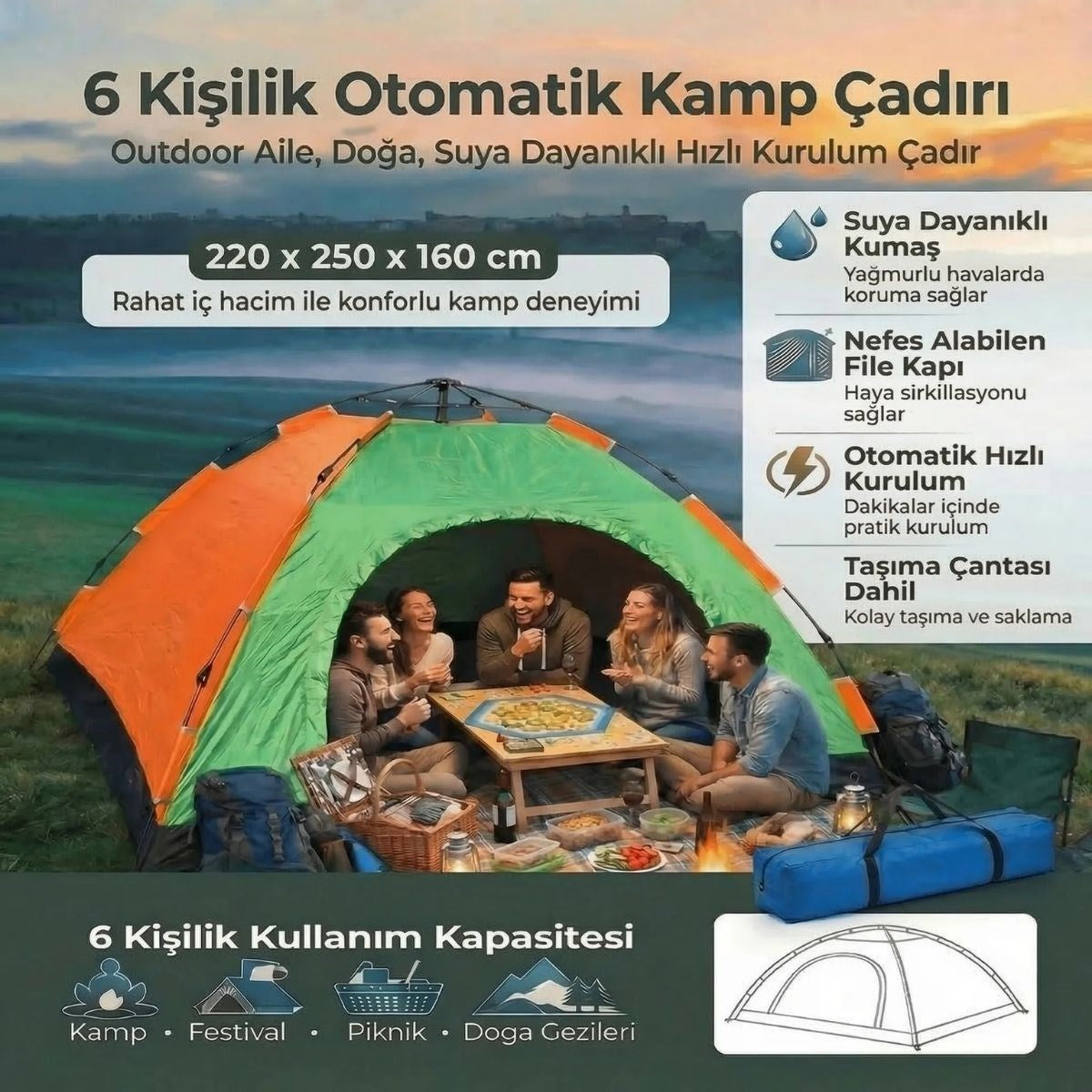 6 Kişilik Otomatik Kurulum Kamp Çadırı – Outdoor Aile, Doğa, Suya Dayanıklı Hızlı Kurulum Çadır 220x250x160 cm (5538) 4