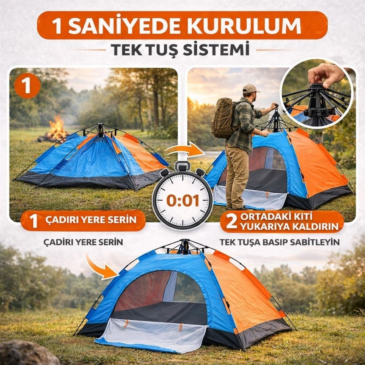 6 Kişilik Otomatik Kurulum Kamp Çadırı – Outdoor Aile, Doğa, Suya Dayanıklı Hızlı Kurulum Çadır 220x250x160 cm (5538) 5
