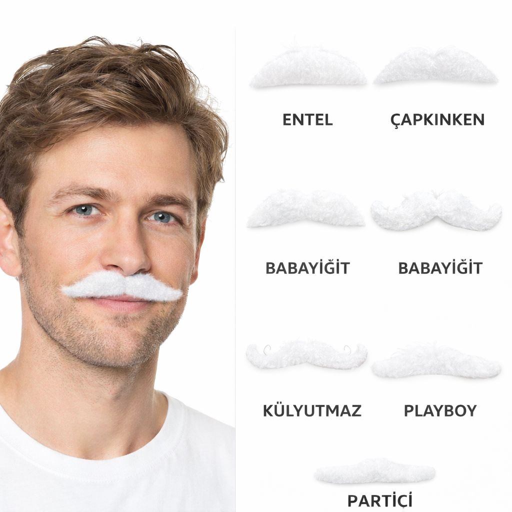 6’lı Yapışkanlı Beyaz Parti Bıyık Seti – Farklı Modeller (5538) 2