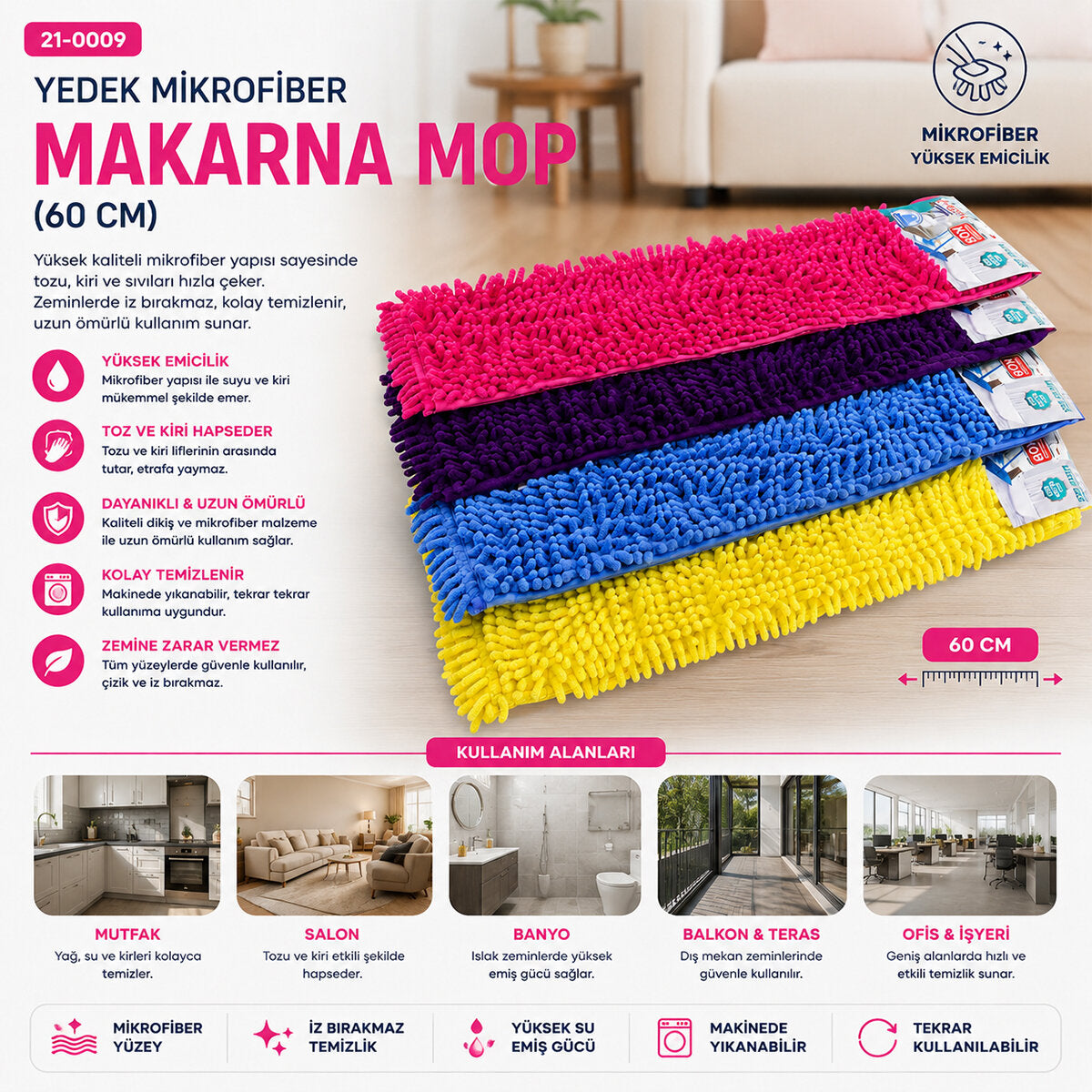 60CM.YEDEK MİKROFİBER RENKLİ MAKARNA MOP (5538) 2