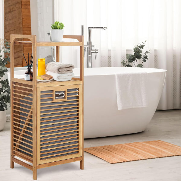 2 Organizer Raflı Ahşap Bambu Çek-Aç Kirli Sepeti 4
