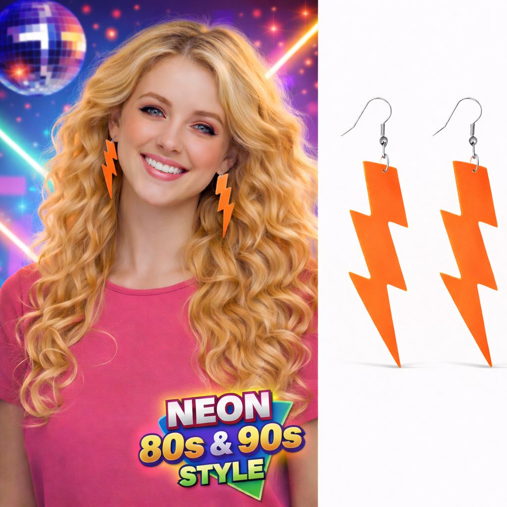 80’ler 90'lar Retro Neon Turuncu Şimşek Küpe 10 cm (5538) 1