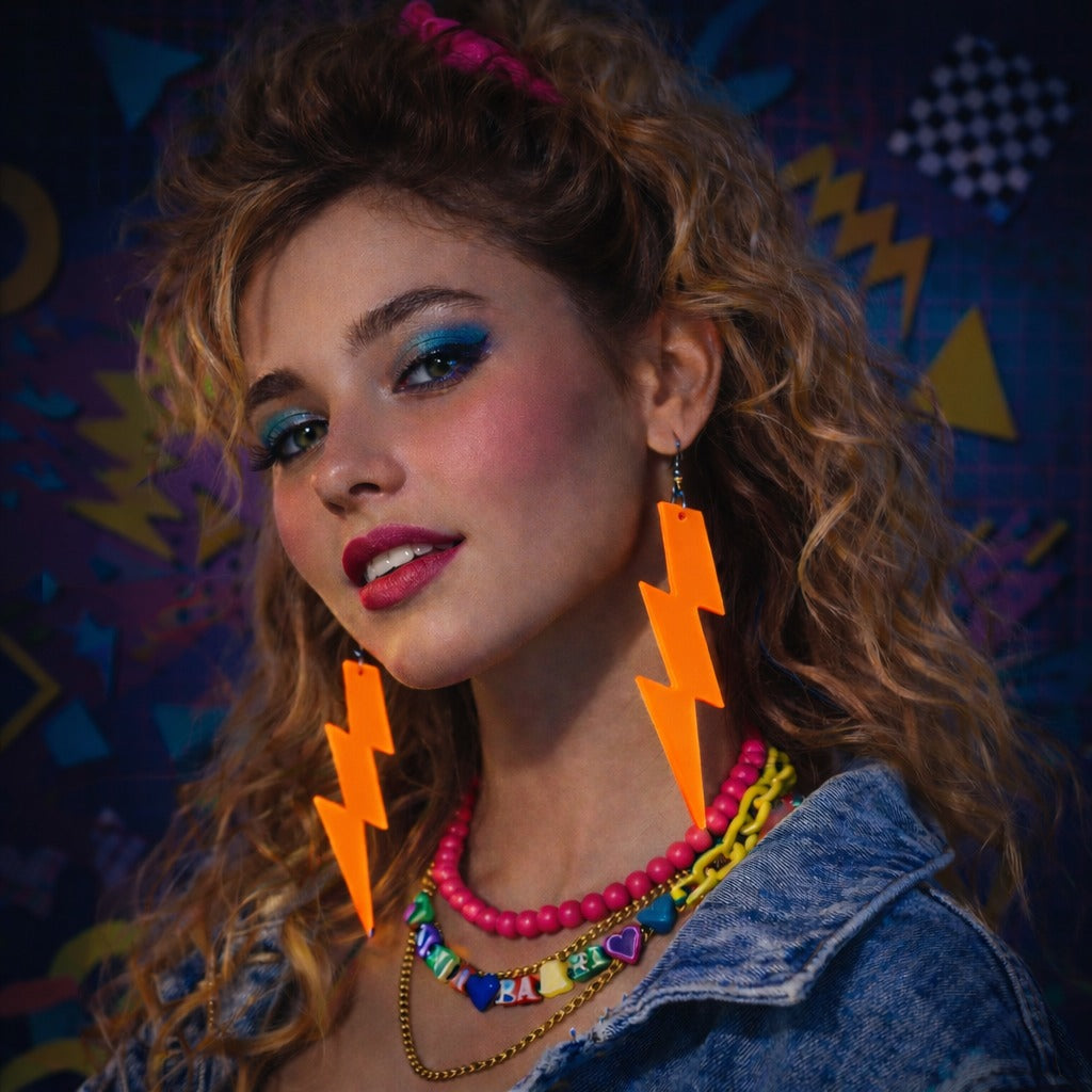 80’ler 90'lar Retro Neon Turuncu Şimşek Küpe 10 cm (5538) 2