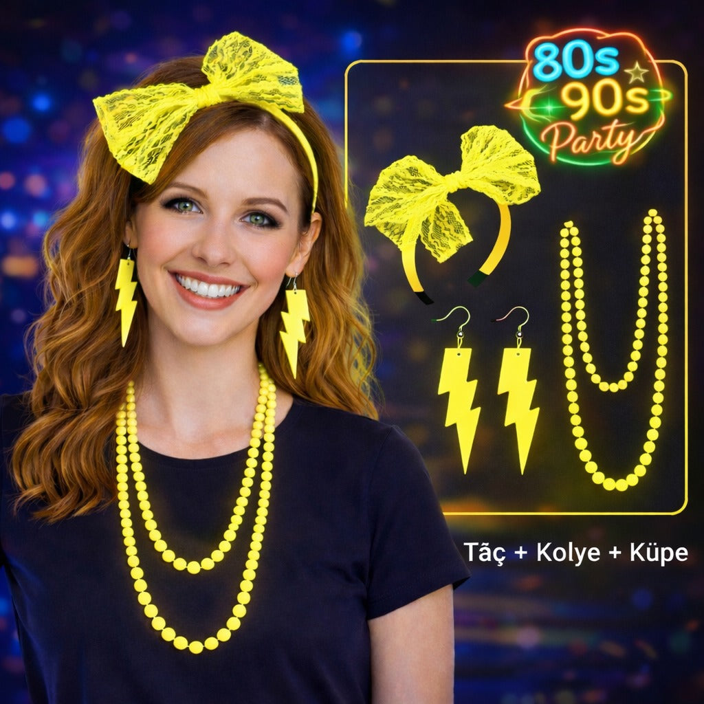80’ler 90’lar Neon Sarı Parti Seti – Kolye Küpe Taç (5538) 1