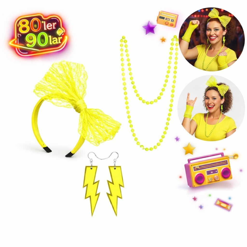 80’ler 90’lar Neon Sarı Parti Seti – Kolye Küpe Taç (5538) 3