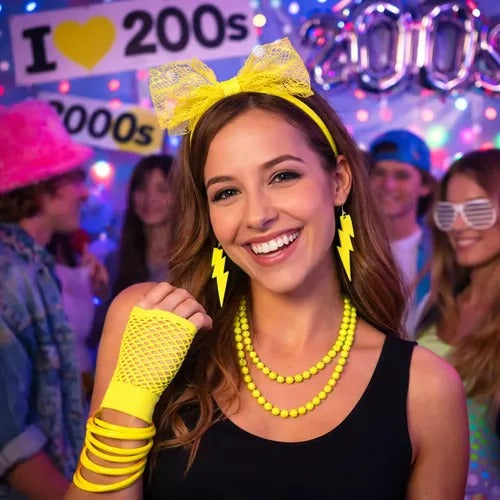 80’ler 90’lar Neon Sarı Parti Seti – Kolye Küpe Taç (5538) 5