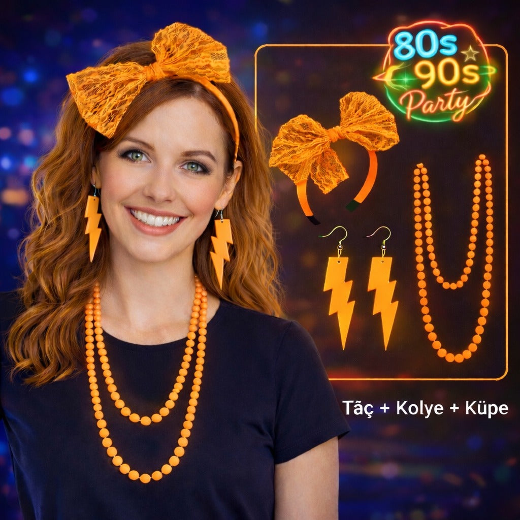 80’ler 90’lar Neon Turuncu Parti Seti – Kolye Küpe Taç (5538) 1