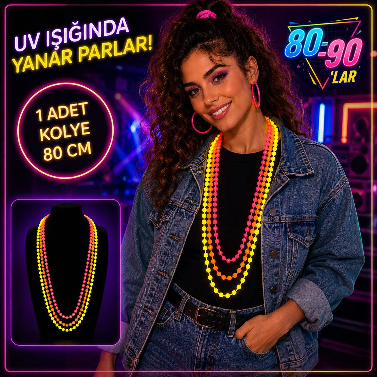 80'ler 90'lar UV Glow Parti Kolyesi 3'lü Set (5538) 1