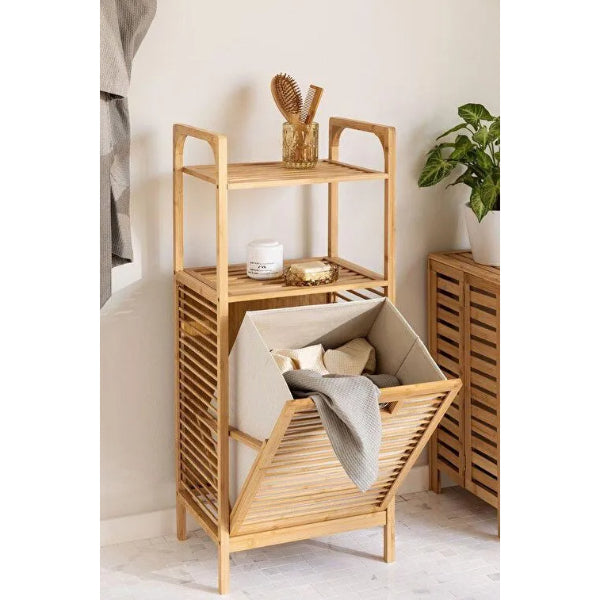 2 Organizer Raflı Ahşap Bambu Çek-Aç Kirli Sepeti 1