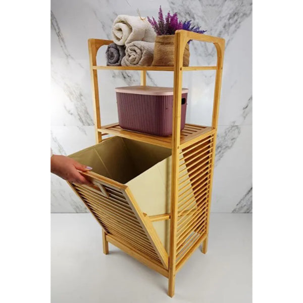 2 Organizer Raflı Ahşap Bambu Çek-Aç Kirli Sepeti 2