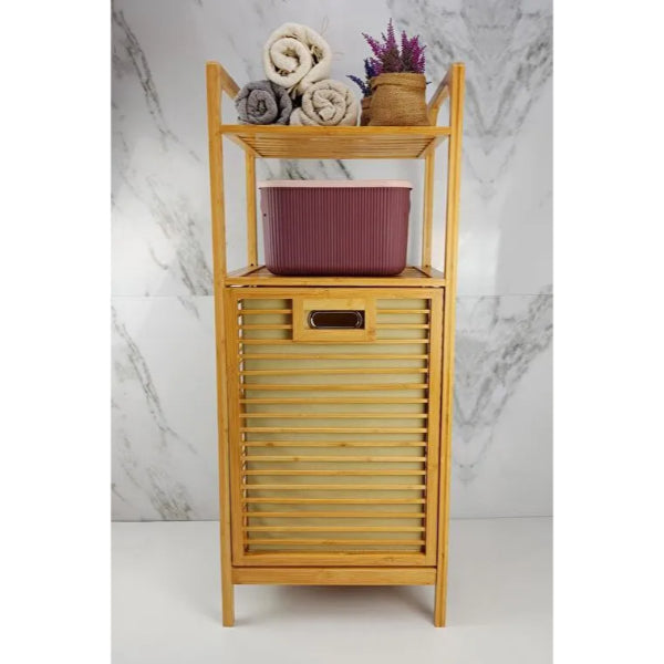 2 Organizer Raflı Ahşap Bambu Çek-Aç Kirli Sepeti 3