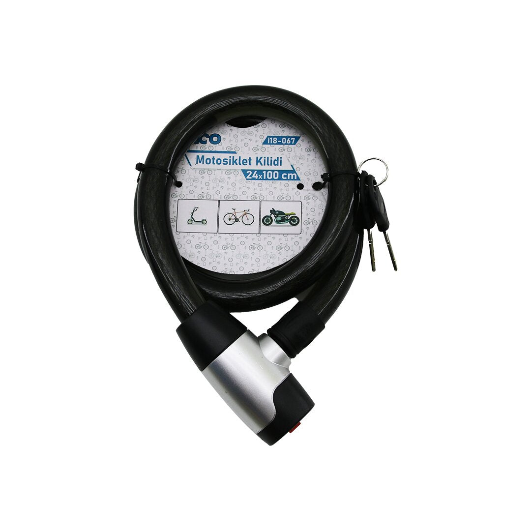 ANAHTARLI METAL KAPLAMA KAFA ÇEK-İT KİLİT KAPAK MOTOR - BİSİKLET KİLİT ÇELİK TEL SİYAH ŞEFFAF KILIF 24MMX100CM (5538) 1