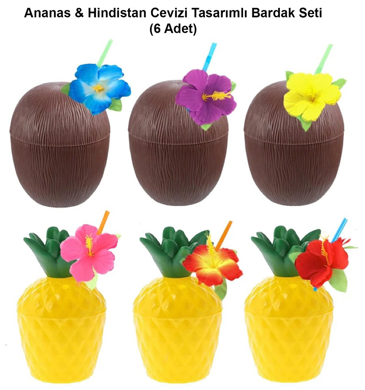 Ananas & Hindistan Cevizi Tasarımlı Pipetli Bardak Seti (6 Adet) (5538) 1